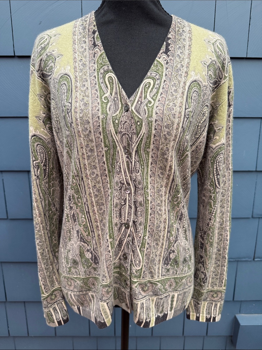 Neiman Marcus Paisley V-Neck Button Cardigan in Olive and Taupe cashmere